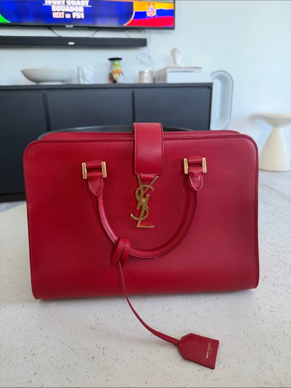 Saint Laurent Red Leather Structured Top-Handle Satchel with Gold Hardware